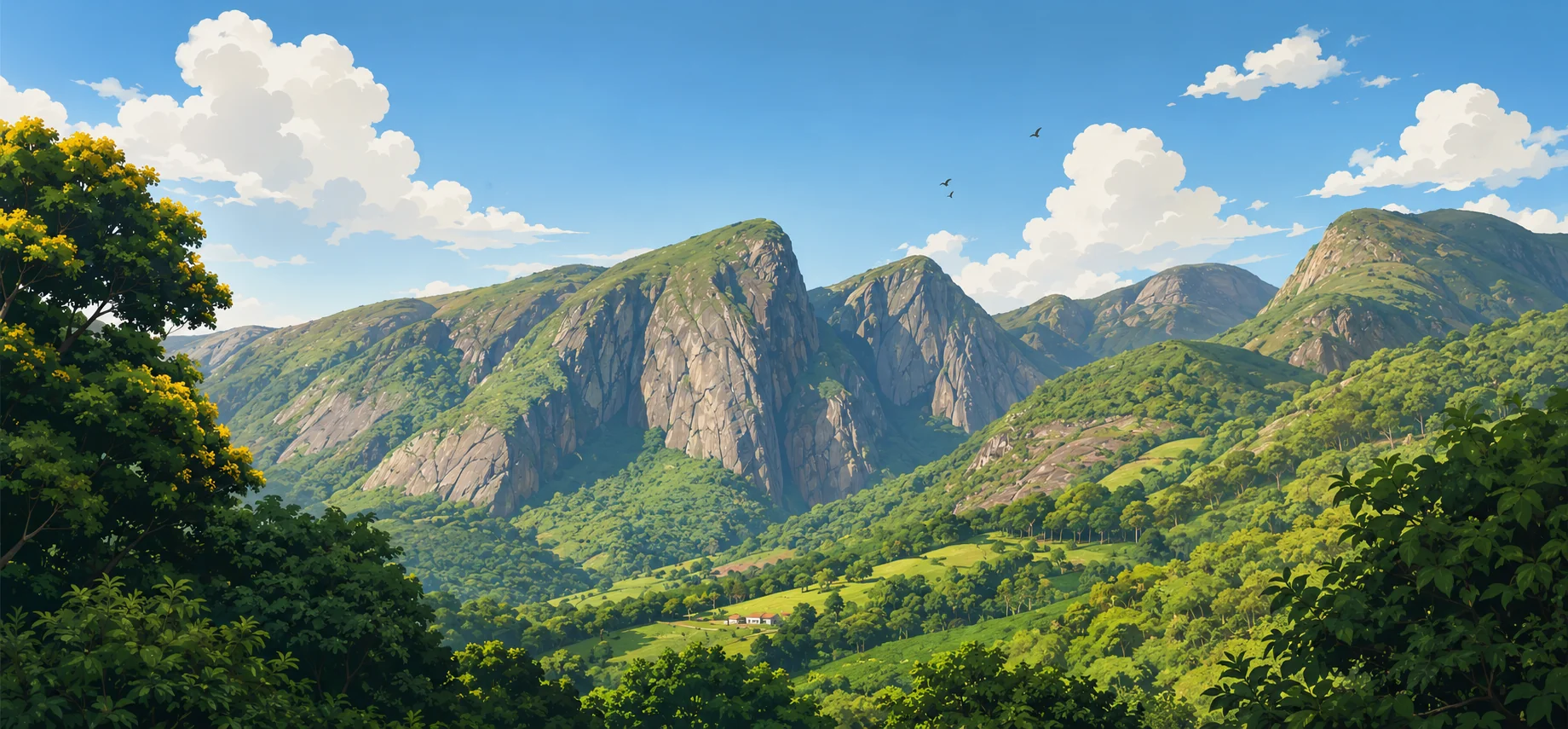 Ilustração de montanhas e vegetação inspirada na região do Caparaó.